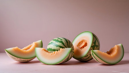AI Generated. Slices of fresh melon resting on pink surfaceの素材