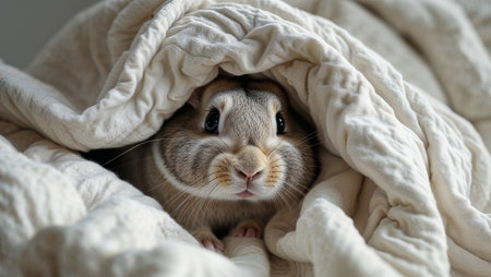 AI Generated. A small animal is peeking out from under a blanketの素材