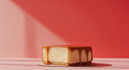 AI Generated. A Slice of Delightful Caramel Cake on a Red Backgroundの素材