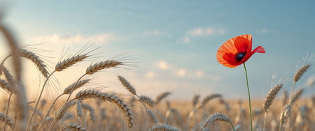 AI Generated. A Single Red Poppy Flower in a Wheat Fieldの素材