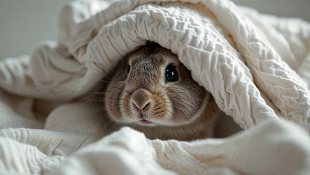 AI Generated. A small animal is peeking out from under a blanketの素材