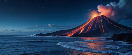 AI Generated. A volcano erupts lava into the ocean at nightの素材