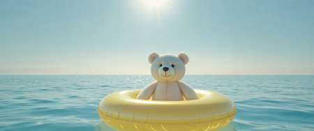 AI Generated. A stuffed bear floating in the ocean on a donut shaped inflatable relaxingの素材