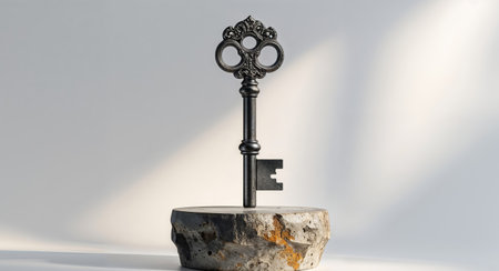 AI Generated. An intricately designed key rests atop an ancient stone discの素材