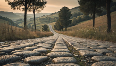 AI Generated. Cobblestone road through rural landscapeの素材