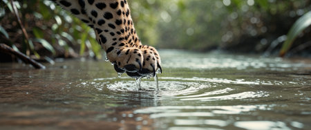 AI Generated. Leopard paw stepping into a wet jungle streamの素材