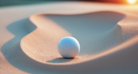 AI Generated. A golf ball resting in a sand trap at sunsetの素材