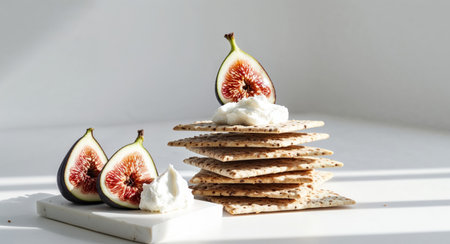 AI Generated. Gourmet seed crackers with fresh fig and cream cheese delightの素材