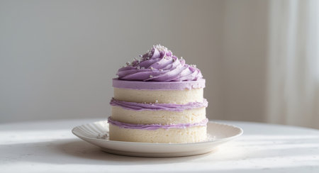 AI Generated. Pastel Layer Cake with Purple Frosting and Sprinkles on White Plateの素材