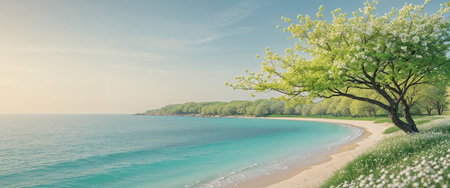 AI Generated. Serene bay with clear blue waters and blooming trees in a peaceful coastal landscapeの素材