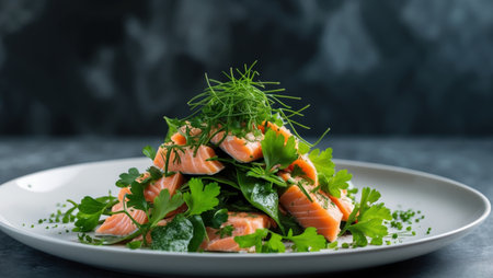 AI Generated. Salmon salad topped with herbs is served on a plate with green leafy garnish on a dark backgroundの素材
