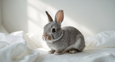 AI Generated. A small gray and white rabbit is sitting on a white surfaceの素材