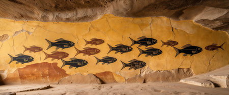 AI Generated. Ancient cave art depicting swimming fish discovered in archaeological site of a prehistoric settlementの素材