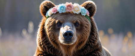 AI Generated. a brown bear with a flower crown on its headの素材