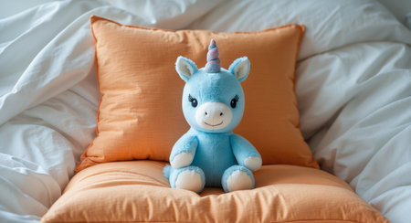 AI Generated. Adorable Blue Unicorn Stuffed Animal On Bed With Orange Pillowsの素材