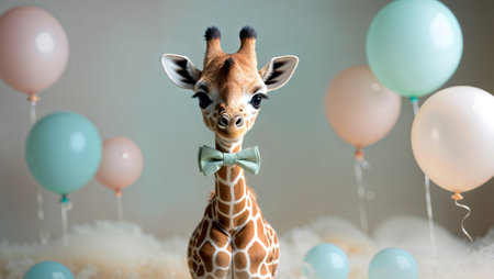 AI Generated. Adorable Baby Giraffe With Bow Tie At A Pastel Balloon Partyの素材