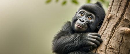 AI Generated. Adorable Black Gorilla Baby Image Hugging Treeの素材