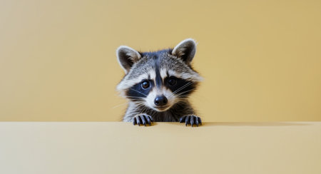 AI Generated. Adorable Baby Raccoon Peeking Over Yellow Backgroundの素材