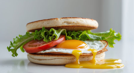 AI Generated. A breakfast sandwich with a runny egg yolk dripping onto the breadの素材