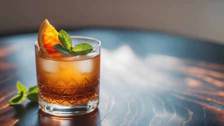 AI Generated. amber whiskey drink with citrus and mint garnish on dark wooden tableの素材