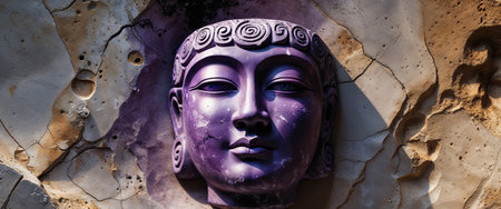 AI Generated. Ancient Stone Artifact with Stylized Face in Purple and Black Design on Natural Surfaceの素材