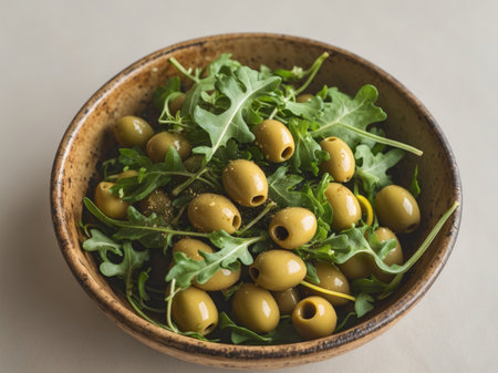 AI Generated. Aromatic Green and Golden Olives Salad with Fresh Arugula in a Rustic Bowlの素材