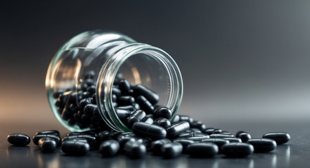 AI Generated. Black Round Pills Overflowing from a Glass Jar on a Dark Surfaceの素材