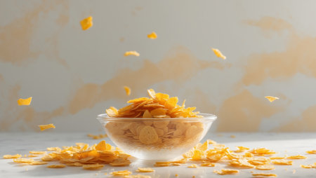 AI Generated. Bowl filled with crispy cornflakes on a light marble background with scattered flakes in yellow tones creating a fresh breakfast vibeの素材