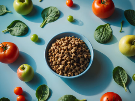 AI Generated. bowl of pet food surrounded by fresh fruits and vegetables on blue backgroundの素材
