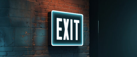 AI Generated. Bright exit sign glowing on a brick wall in a dimly lit corridorの素材