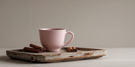 AI Generated. A cozy setting with a pink ceramic cup cinnamon sticks on a wooden rustic trayの素材