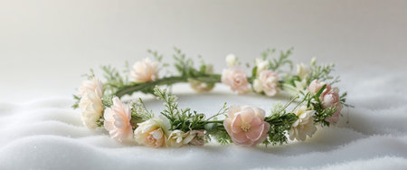 AI Generated. A delicate floral crown sits on a clean white surfaceの素材