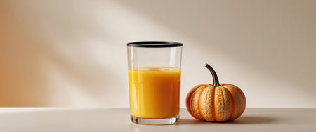 AI Generated. A glass of orange juice with a black rim and a pumpkin on the tableの素材