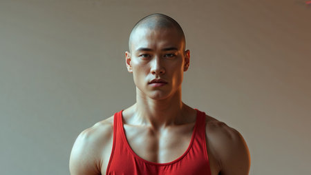 AI Generated. A man with a shaved head and a red tank topの素材