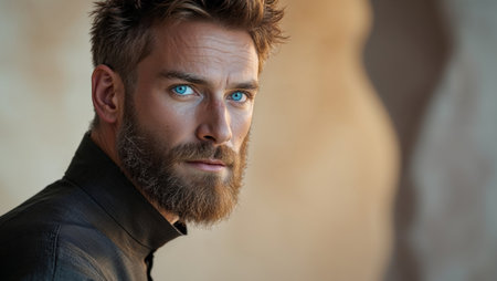 AI Generated. A man with a beard and blue eyes is wearing a black shirtの素材