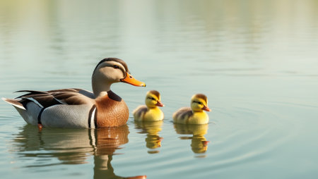 AI Generated. A mother duck is leading her two ducklings across a body of waterの素材