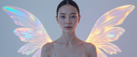 AI Generated. A person wearing holographic wings that glow in different colorsの素材