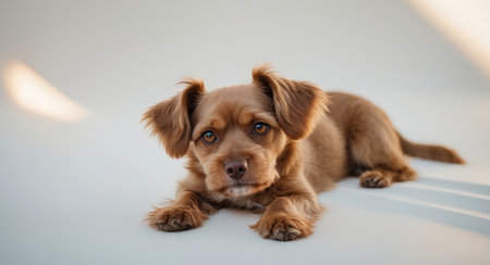 AI Generated. A small brown dog with floppy ears lays on a white surfaceの素材