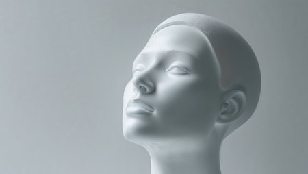 AI Generated. A serene white mannequin head looks upwardの素材