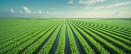 AI Generated. An aerial view of a vast and lush rice fieldの素材