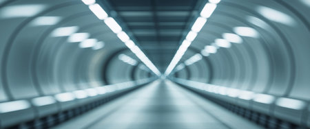 AI Generated. Blurred view of empty subway tunnel with modern lightingの素材