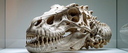 AI Generated. A dinosaur skull is displayed in a glass caseの素材