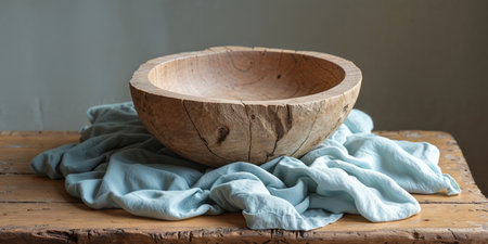 AI Generated. A wooden bowl sits atop a blue textile on a wooden surfaceの素材