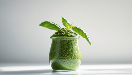 AI Generated. Delicious Homemade Green Pesto in Glass Jarの素材