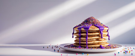 AI Generated. Delicious Stack of Pancakes with Purple Glaze and Sprinklesの素材