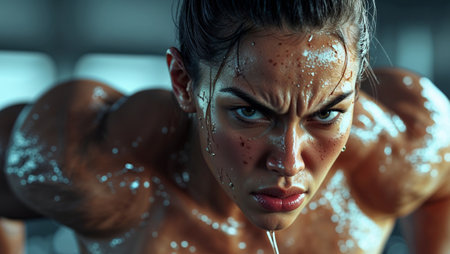 AI Generated. Determined Athlete Pushing Through Intense Workout Sweat and Veins Visible in Vivid Digitalの素材