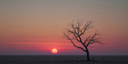 AI Generated. Dramatic Sunset Over Silent Landscape with Bare Tree Silhouetteの素材