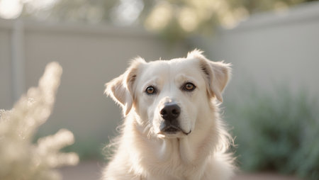 AI Generated. Dog in Soft Light at a Backyard During Afternoonの素材