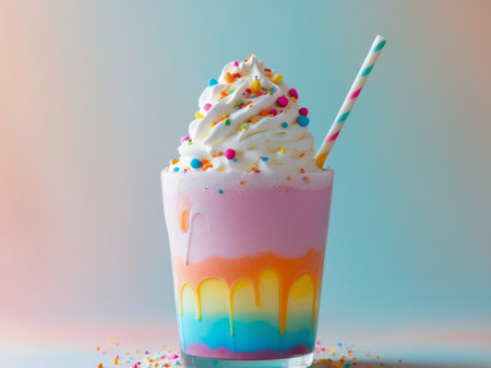 AI Generated. Colorful layered milkshake with whipped cream and sprinkles on a pastel backgroundの素材