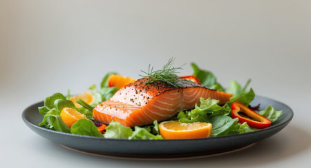 AI Generated. Fresh Salmon Salad with Colorful Vegetables on Dark Plateの素材